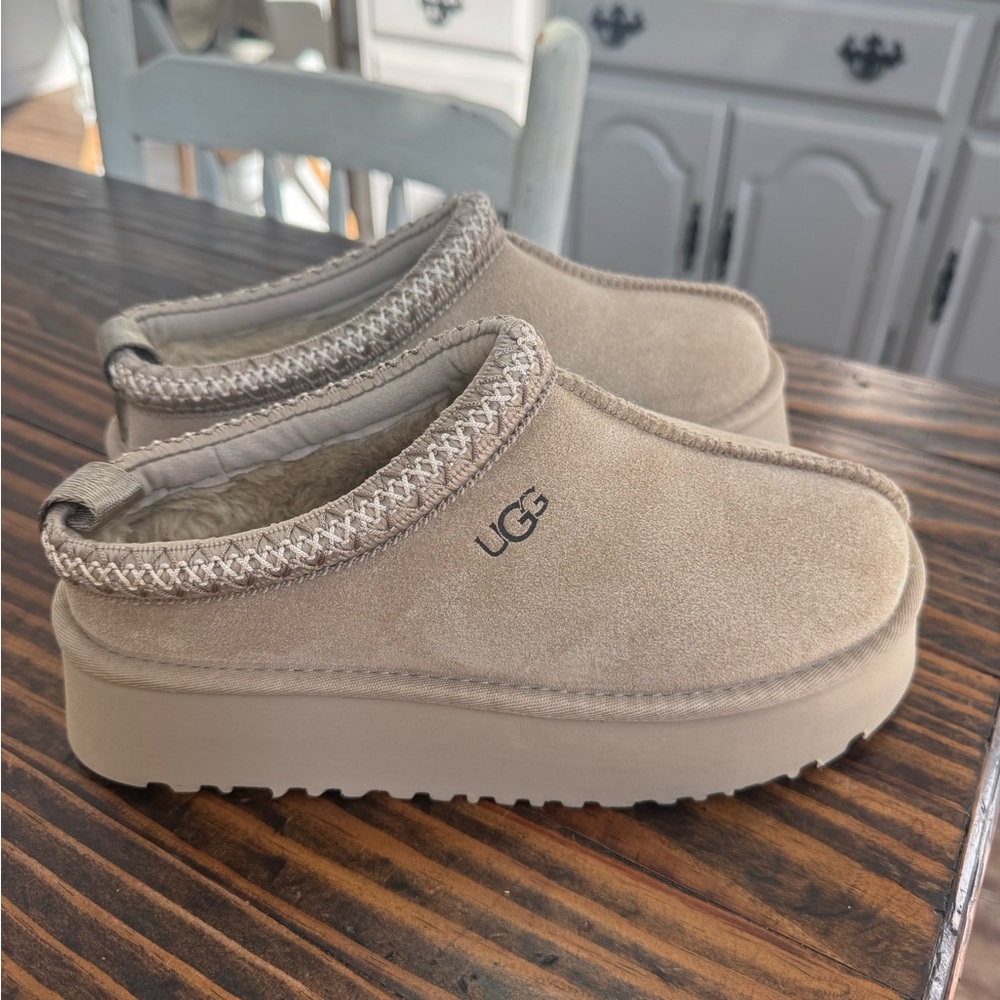 UGG Beige Suede Platform Clogs